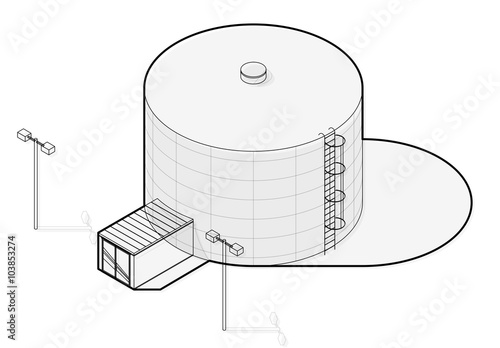 Water treatment isometric building info graphic, big wire bacterium purifier factory on white background. Scientific illustration. Industrial chemistry cleaner set. Flatten isolated master vector.