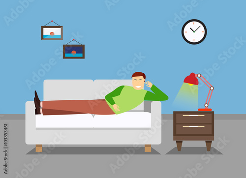Man is resting in the bedroom on the couch or sofa. Lounge room.