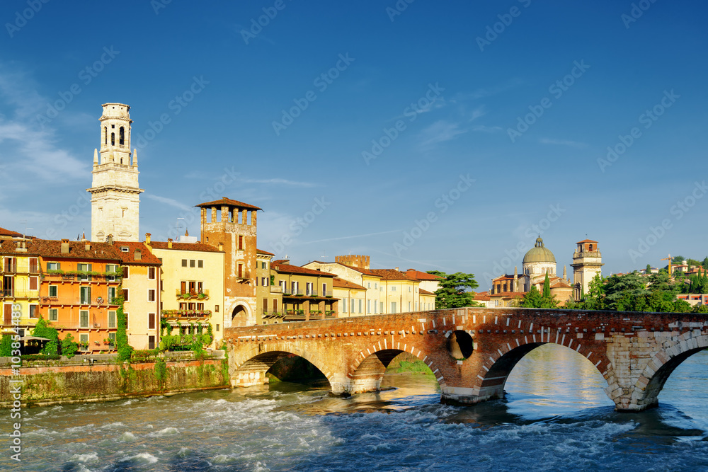 View of waterfront of the Adige River and Ponte Pietra, Verona