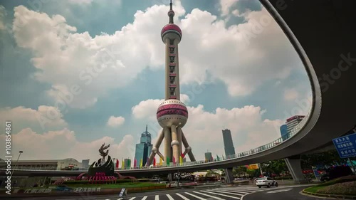 shanghai city most famous building oriental pearl tower traffic square 4k time lapse china
