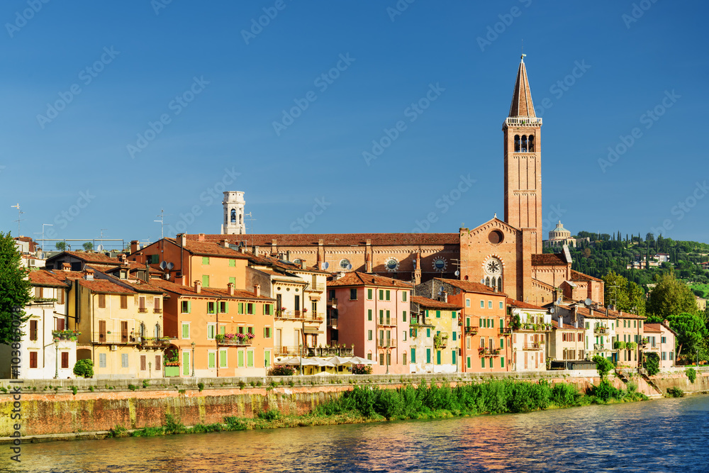 Houses on waterfront of Adige River and Santa Anastasia, Verona
