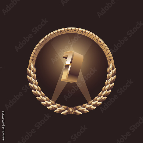 First year anniversary / Winner / First place celebration design. Golden seal logo, vector illustration