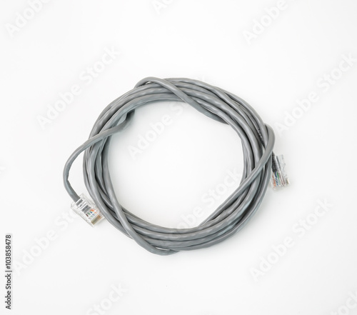 Patch cord network cable with molded RJ45 plug, isolated on a white background