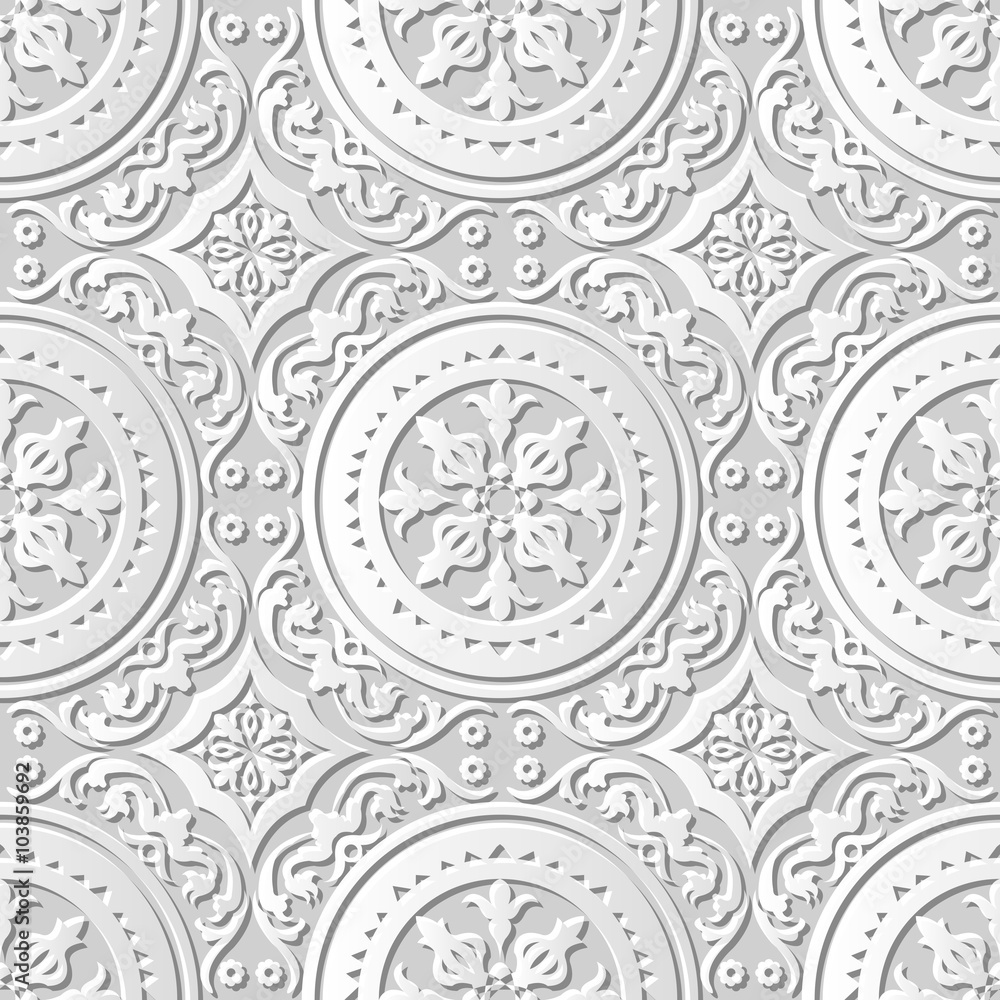 Vector damask seamless 3D paper art pattern background 197 Round Spiral Flower