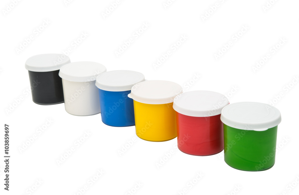 Watercolor paint in buckets isolated on white background. Art pa Watercolor paint in buckets isolated on white background. Art pa