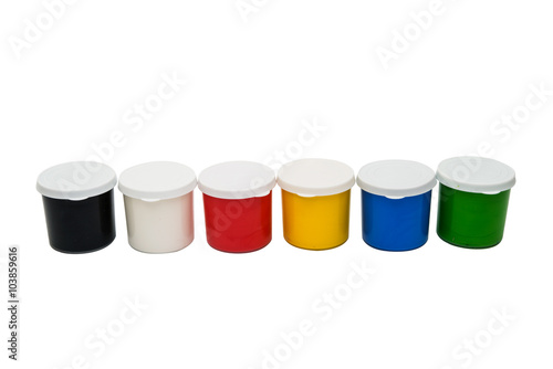 Watercolor paint in buckets isolated on white background. Art pa