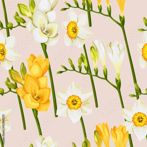 Freesia and daffodil vector seamless background
