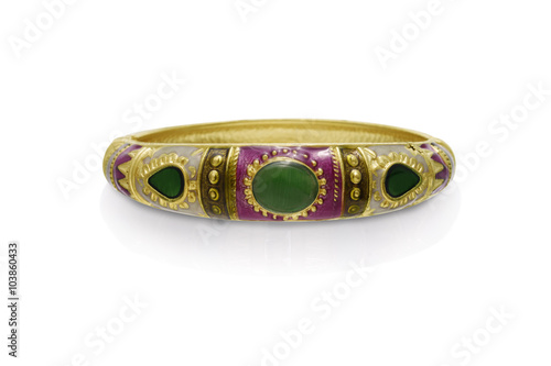Colorful Emerald & Amethyst Enamel Bracelet in Yellow Gold