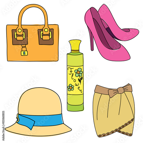 Set of shoes, bag, skirt, hat and perfume bottle on white background. Vector illustration.