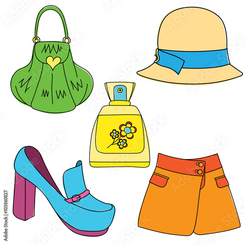 Set of shoes, bag, skirt, hat and perfume bottle on white background. Vector illustration.