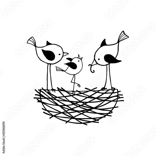 The family of birds in the nest, the parents feed their nestling. Contour Vector illustration.