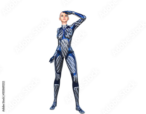 one bald young slender girl in a futuristic suit in full growth on colored background