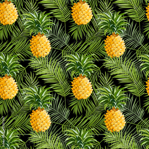 Tropical Palm Leaves and Pineapples Background - Seamless Pattern