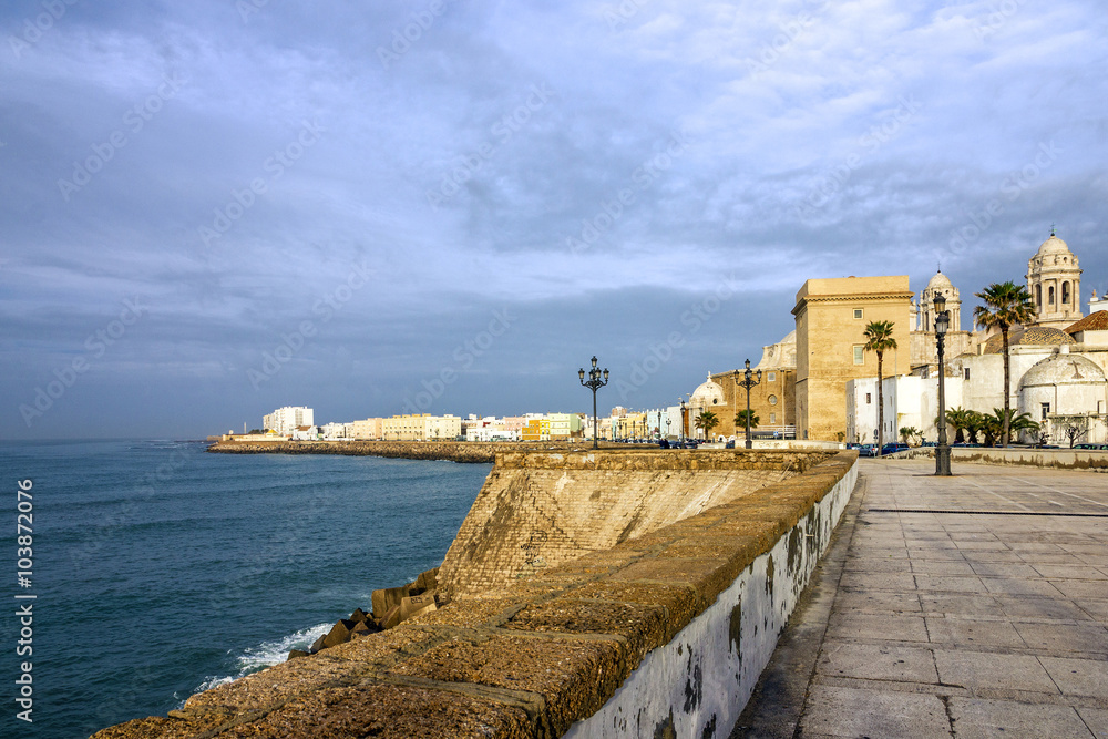 Cadiz, Spain. Seafront and old Cathedral