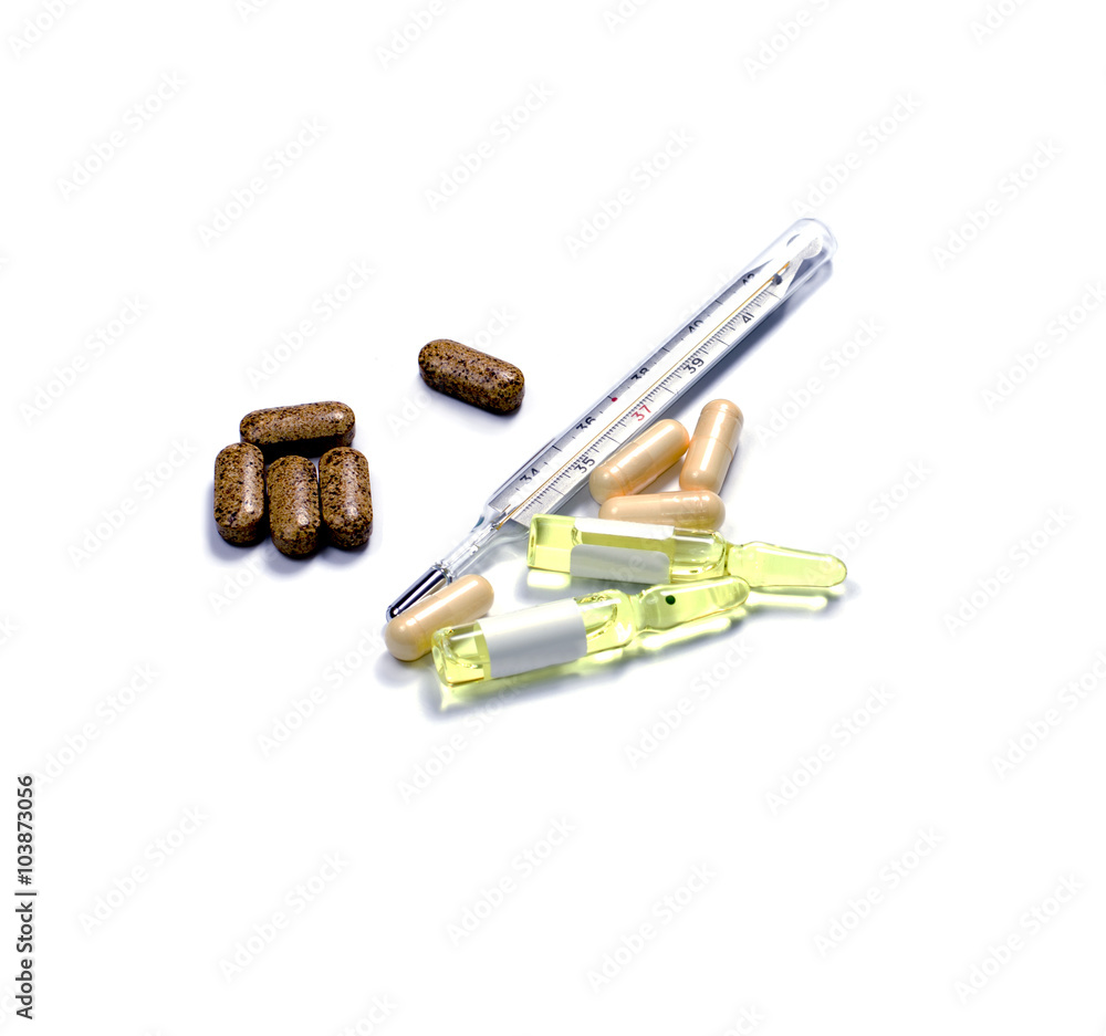 thermometer, ampoules and capsules with medicine, isolate thermometer, ampoules and capsules with medicine, isolate