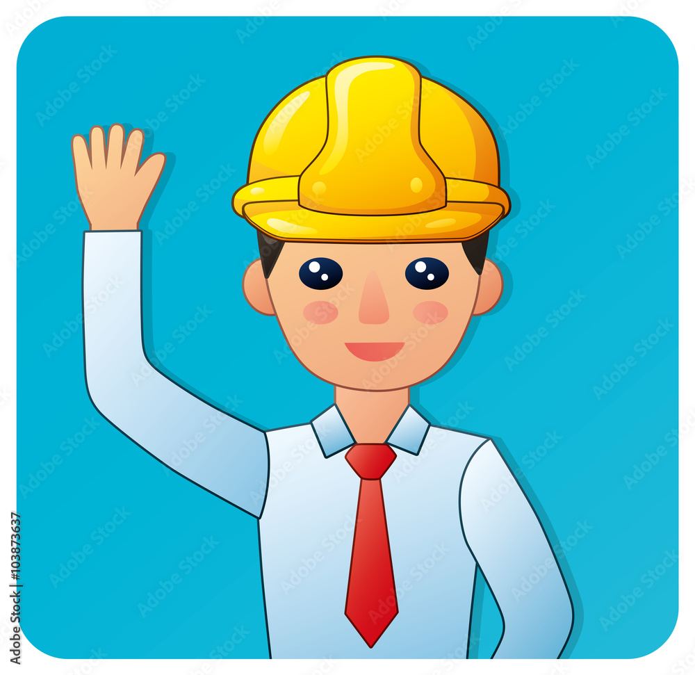 Engineer in a yellow safety helmet with a raised arm waving hello. Blue background.