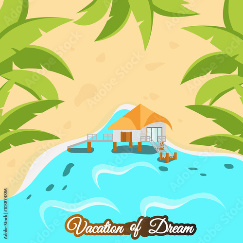 Color illustration of a bungalow on the beach paradise