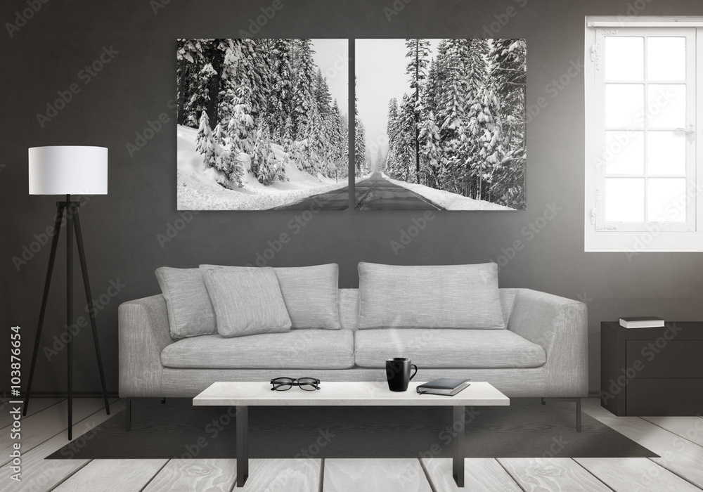 Winter art canvas on wall. Window, sofa, lamp, plant, glasses, book, coffee on table in living room interior.  - obrazy, fototapety, plakaty 