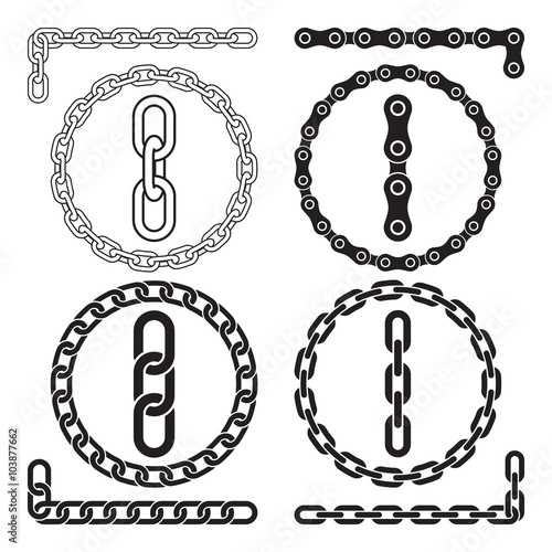 Chains. Vector illustration. Chain icons, parts, circles of chains. The file contains pattern brushes for all the four types of chains