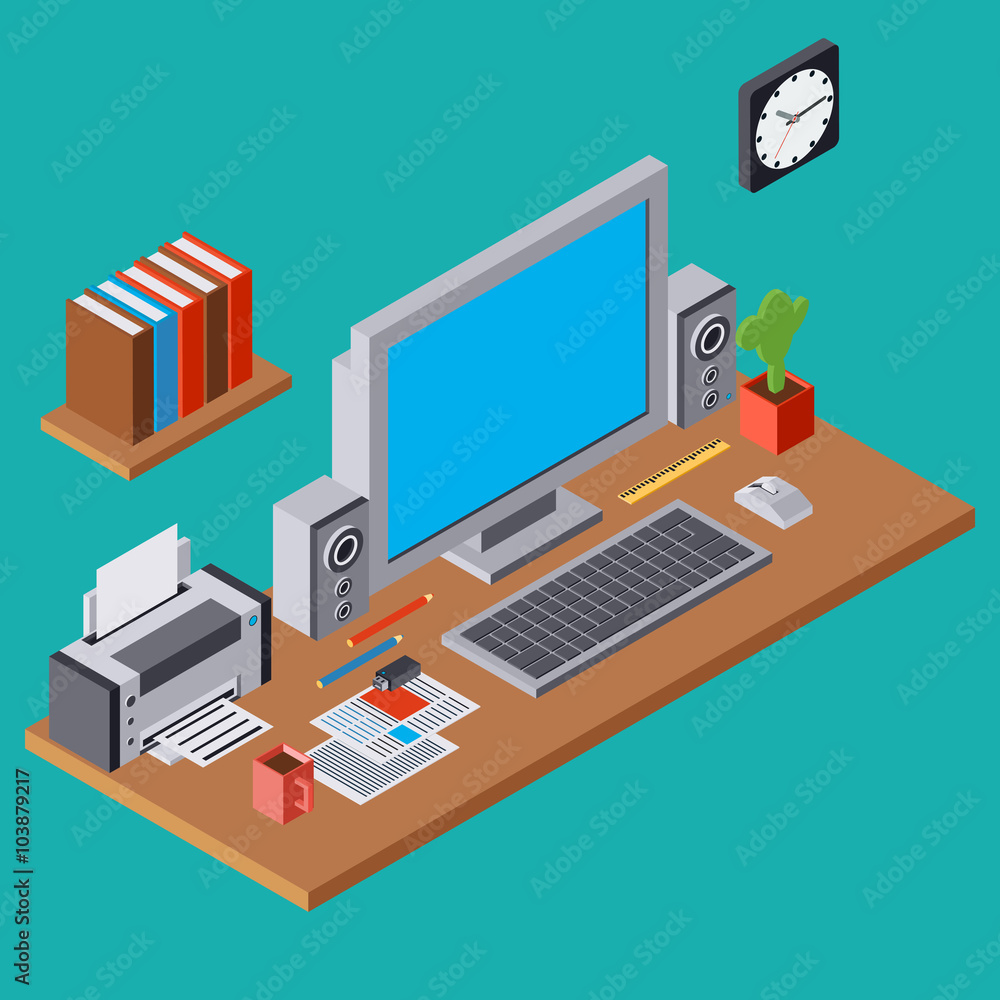 Computer workplace flat 3d isometric vector illustration Computer workplace flat 3d isometric vector illustration