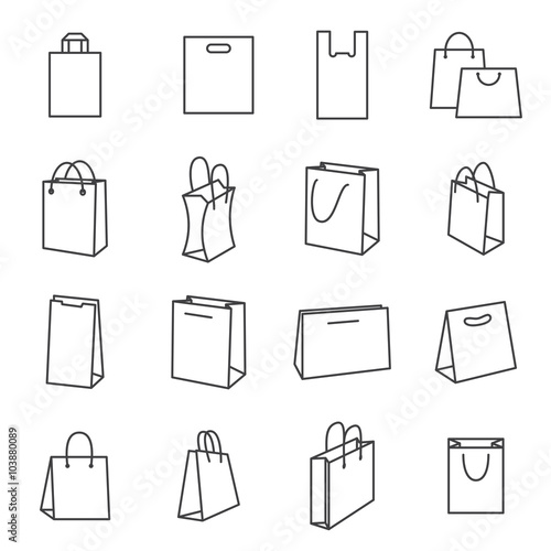 Shopping Bag Icons. Collection of Black Line Icons Isolated on a White Background. A Vector Illustration