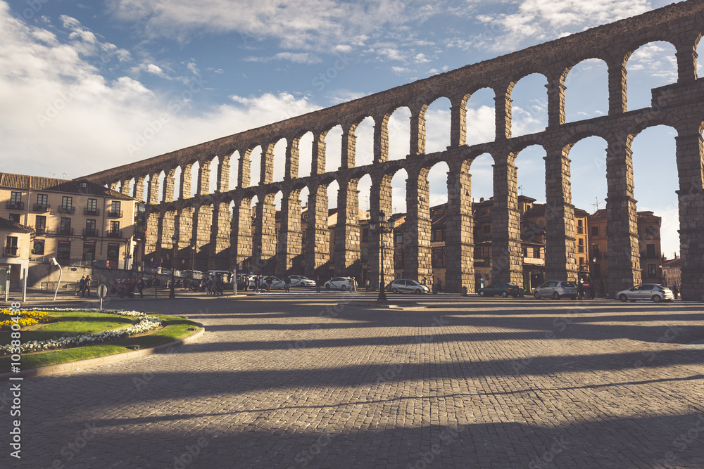 Segovia, Spain - May 6: The Roman Aqueduct of Segovia and the sq