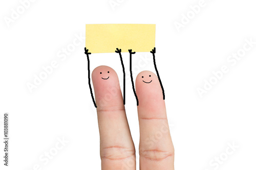 funny finger people , 2 funny fingers smiling and hold blank paper Stock  Photo | Adobe Stock