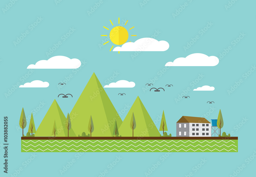 Flat design nature landscape illustration with sun 