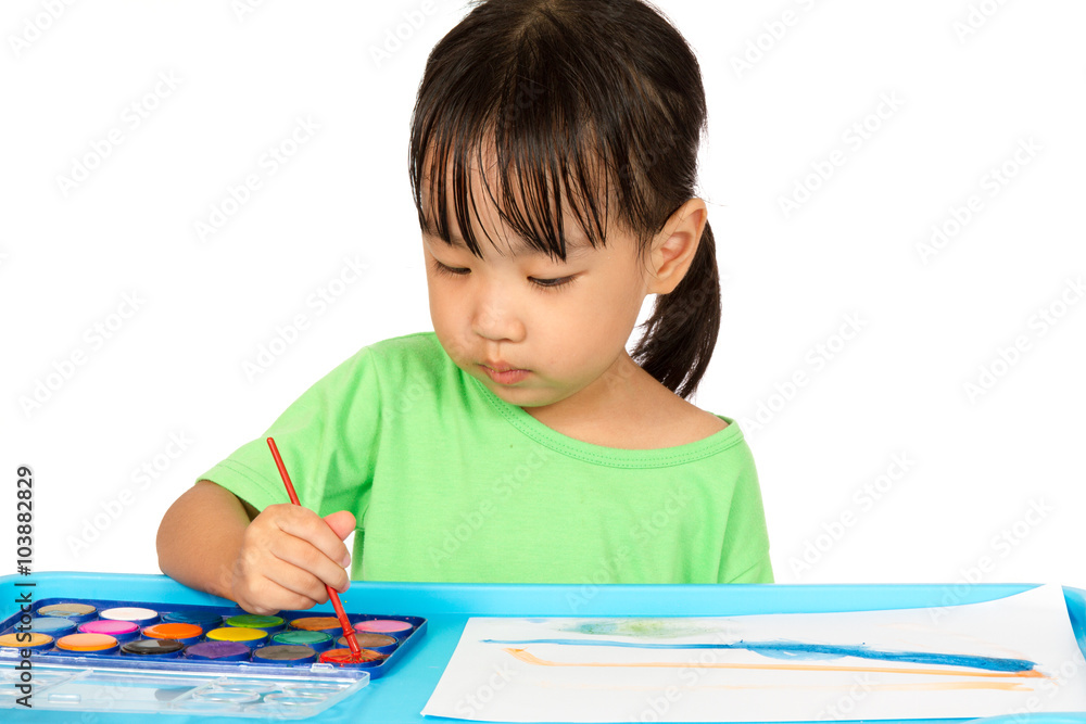 Asian Little Chinese Girl Painting with Brush Asian Little Chinese Girl Painting with Brush