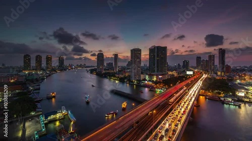 sunset till night bangkok river traffic bridge roof top panorama 4k time lapse thailand
 photo