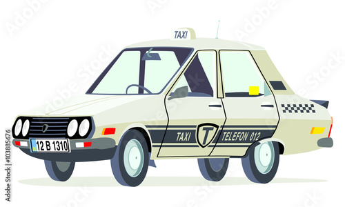 Caricatura Dacia 1310  taxi Bucarest - Rumania blanco vista frontal y lateral