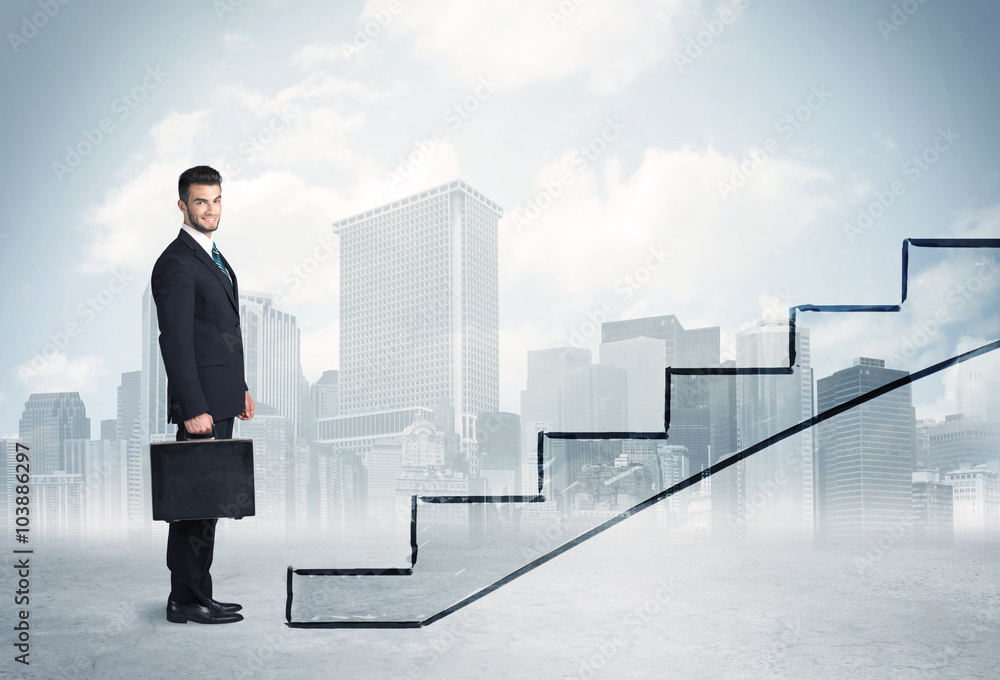 Business person in front of a staircase Business person in front of a staircase