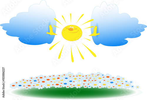 Sun, clouds and flowers