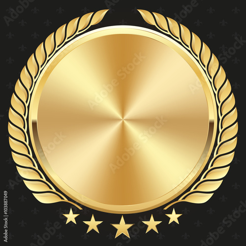 Glossy gold badge on black background