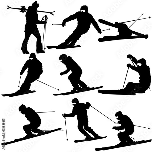 Set mountain skier   speeding down slope. Vector sport silhouett