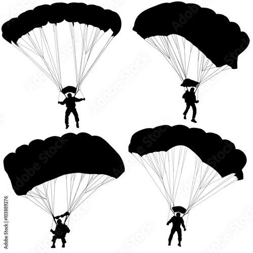 Set skydiver, silhouettes parachuting vector illustration