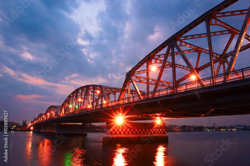 Krung Thon Bridge, is a bridge over the Chao Phraya River Bangkok Thailand with sunrise