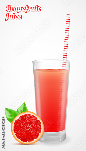 Red grapefruit slice with leaf and grapefruit juice in a glass. Vector illustration.