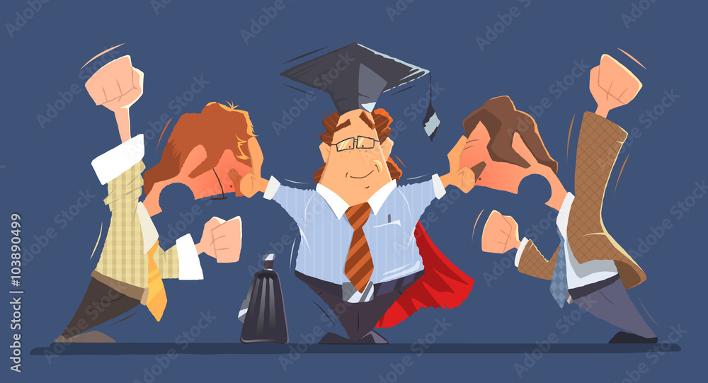 Obraz premium Man lawyer between two shouting and fighting dispute conflict people businessmans or boss and employee. Color vector character illustration.