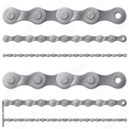 Set of gray metal bicycle chain, isolated on white, vector illustration