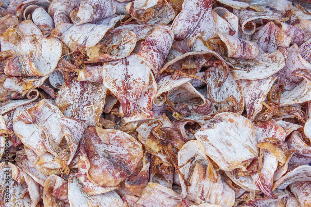 Dried Squid, traditional squids drying in the sun in a market.