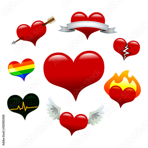 Collection of vector heart icons: basic heart, banner heart, broken heart, arrow heart, flaming heart, EKG heart, winged heart, gay pride heart