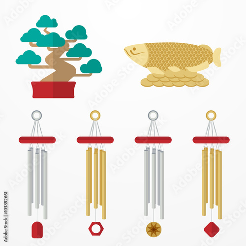 Flat Set mascots Feng Shui elements: fish, bonsai, coins, wind chime