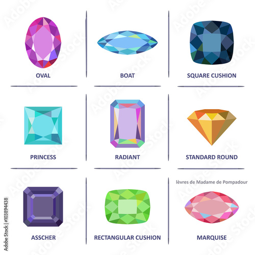 Low poly popular colored flat lay gems cuts infographics