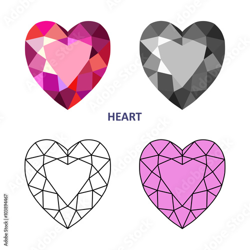 Low poly colored & black outline template heart gem cut