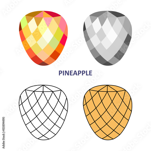 Low poly colored & black outline template pineapple gem cut