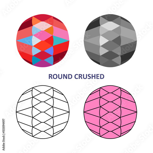 Low poly colored & black outline template round crushed gem cut