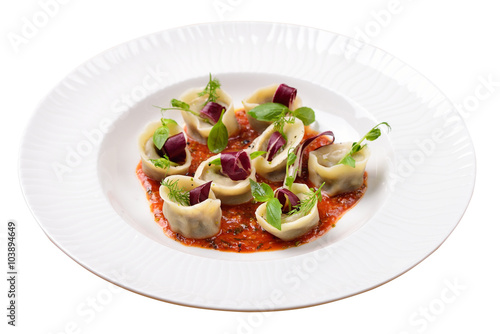 tortellini with mushrooms, and basil sauce, Italian food, isolat