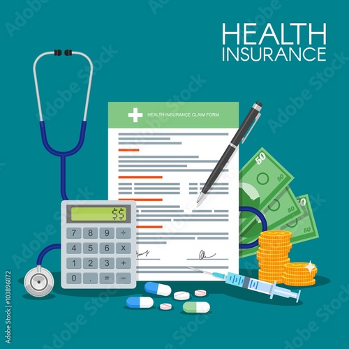 Health insurance form concept vector illustration. Filling medical documents. Stethoscope, drugs, money, calculator, syringe