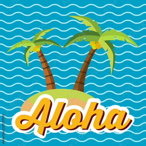 Icono plano Aloha en isla sobre fondo marino